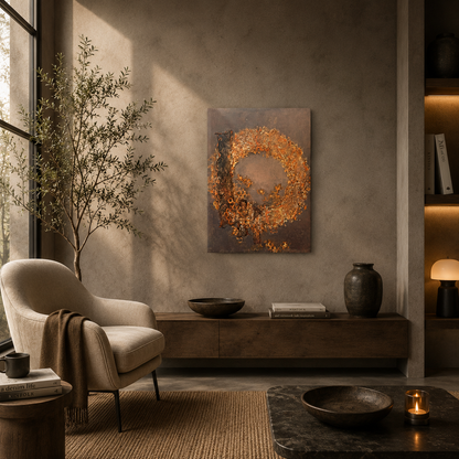 Abstraktes Mixed-Media-Gemälde im Hochformat mit einer großflächigen kreisförmigen Struktur in Kupfer-, Gold-, Rost- und Brauntönen auf taupefarbenem Hintergrund, mit stark reliefartiger Oberfläche, dunklen vertikalen Partien und wabenartigen Mustern im unteren Bereich.