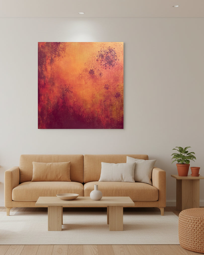 Abstraktes Acrylgemälde in warmen Orange-, Rostrot-, Purpur- und Goldtönen mit strukturierter Oberfläche und feinen ornamental anmutenden Kreisformen.