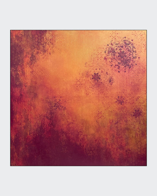 Abstraktes Acrylgemälde in warmen Orange-, Rostrot-, Purpur- und Goldtönen mit strukturierter Oberfläche und feinen ornamental anmutenden Kreisformen.