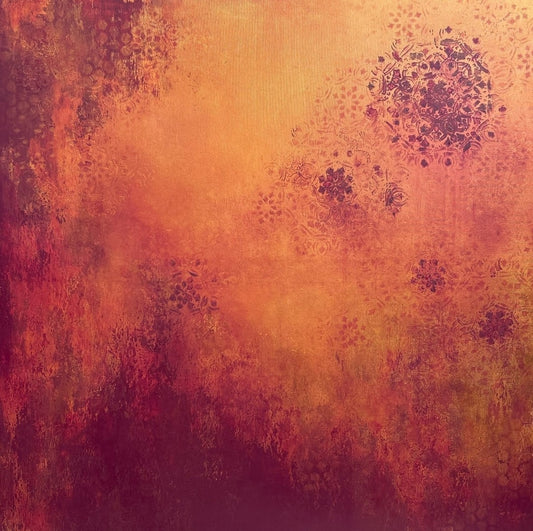 Abstraktes Acrylgemälde in warmen Orange-, Rostrot-, Purpur- und Goldtönen mit strukturierter Oberfläche und feinen ornamental anmutenden Kreisformen.