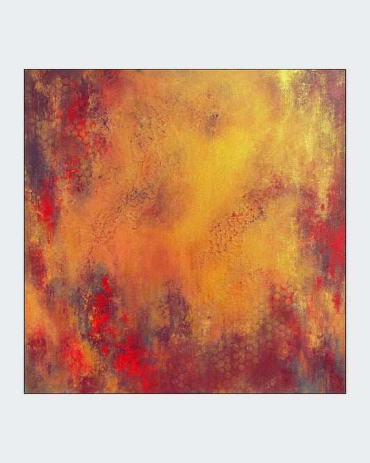 Abstraktes Acrylgemälde in warmen Gold-, Ocker-, Orange- und Rottönen mit strukturierter Oberfläche, dunkleren violett-blauen Akzenten und wabenartigen Mustern im unteren Bildbereich.