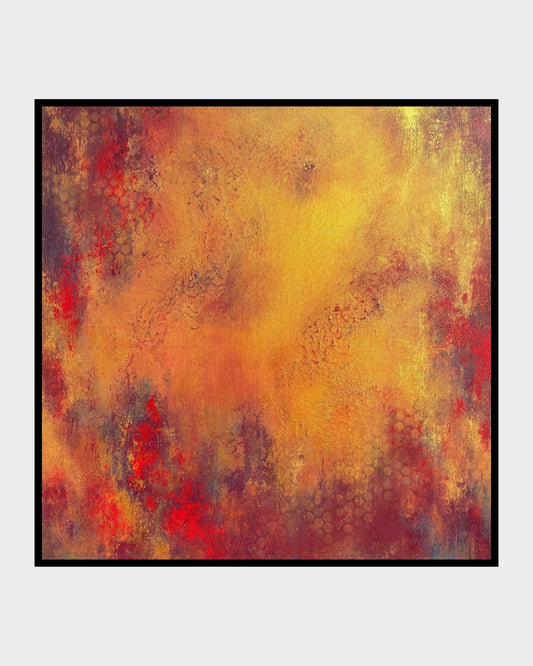 Abstraktes Acrylgemälde in warmen Gold-, Ocker-, Orange- und Rottönen mit strukturierter Oberfläche, dunkleren violett-blauen Akzenten und wabenartigen Mustern im unteren Bildbereich.