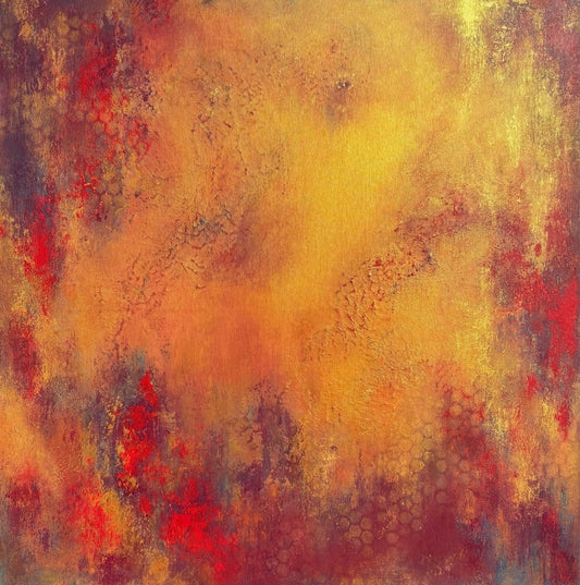 Abstraktes Acrylgemälde in warmen Gold-, Ocker-, Orange- und Rottönen mit strukturierter Oberfläche, dunkleren violett-blauen Akzenten und wabenartigen Mustern im unteren Bildbereich.