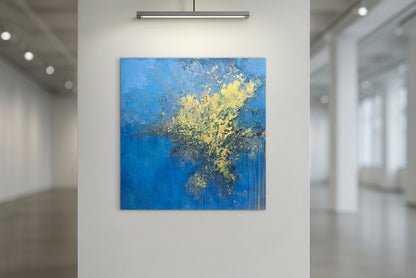 Abstraktes Mixed-Media-Gemälde im quadratischen Format mit intensiv blauen Farbflächen und einer großflächigen goldenen, stark strukturierten Form, die sich von der oberen rechten Bildhälfte in die Mitte ausbreitet; darunter dunklere reliefartige Partien und feine vertikale Laufspuren.