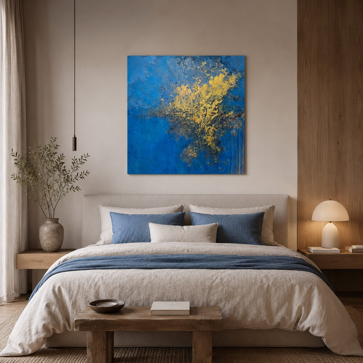 Abstraktes Mixed-Media-Gemälde im quadratischen Format mit intensiv blauen Farbflächen und einer großflächigen goldenen, stark strukturierten Form, die sich von der oberen rechten Bildhälfte in die Mitte ausbreitet; darunter dunklere reliefartige Partien und feine vertikale Laufspuren.