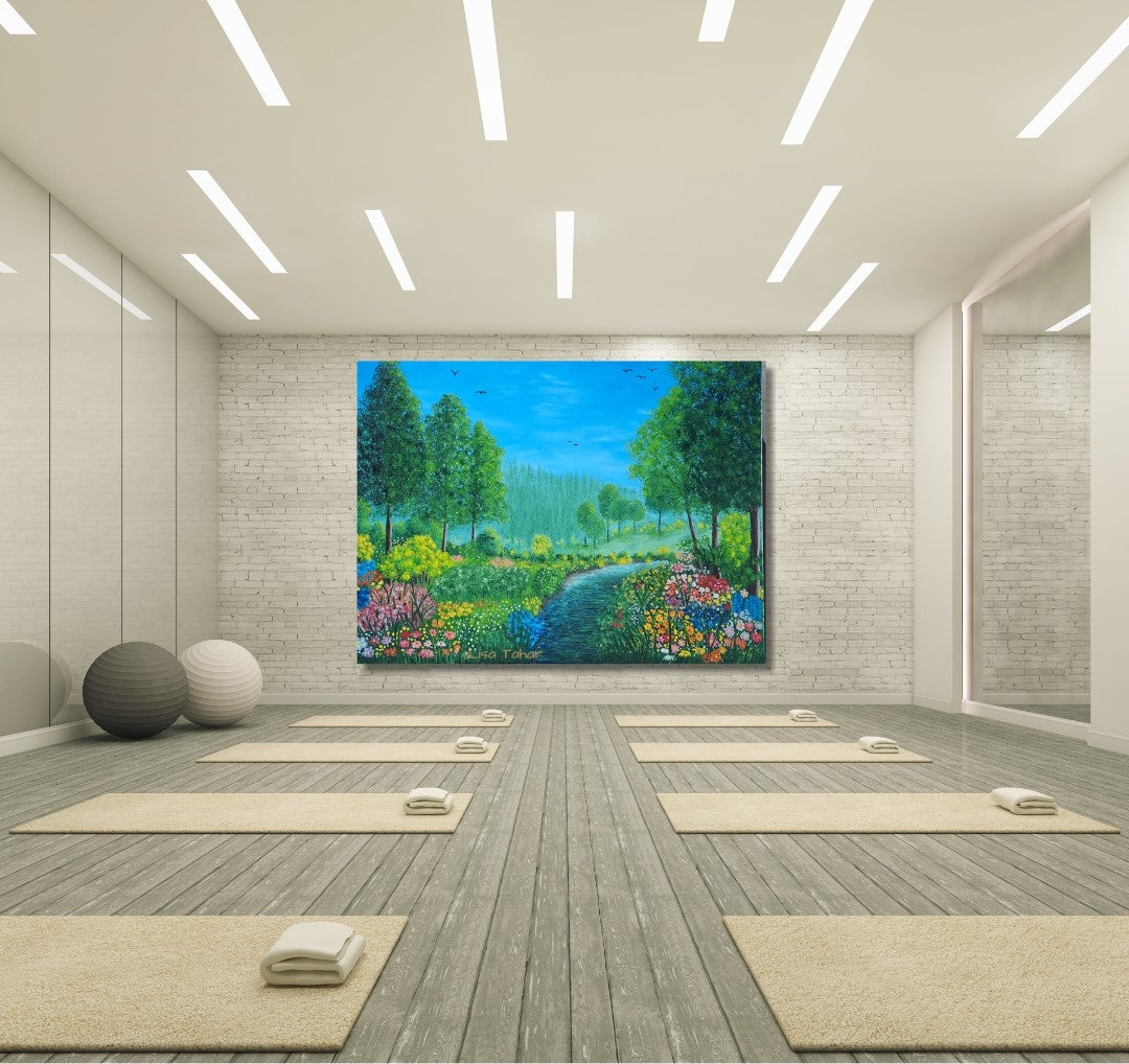 Gemälde "Frühlingsphantasie" von Lisa Tahar. Öl auf Leinwand, 60x80 cm. Zeigt eine blühende Landschaft mit einem geschwungenen Weg. Lebendige Farben, detailreiche Darstellung der Blüten.