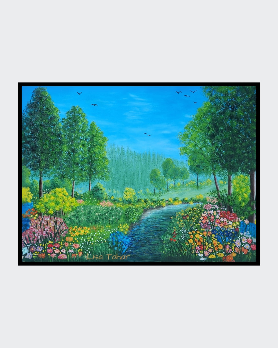 Gemälde "Frühlingsphantasie" von Lisa Tahar. Öl auf Leinwand, 60x80 cm. Zeigt eine blühende Landschaft mit einem geschwungenen Weg. Lebendige Farben, detailreiche Darstellung der Blüten.