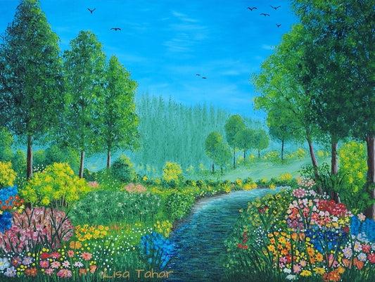 Gemälde "Frühlingsphantasie" von Lisa Tahar. Öl auf Leinwand, 60x80 cm. Zeigt eine blühende Landschaft mit einem geschwungenen Weg. Lebendige Farben, detailreiche Darstellung der Blüten.