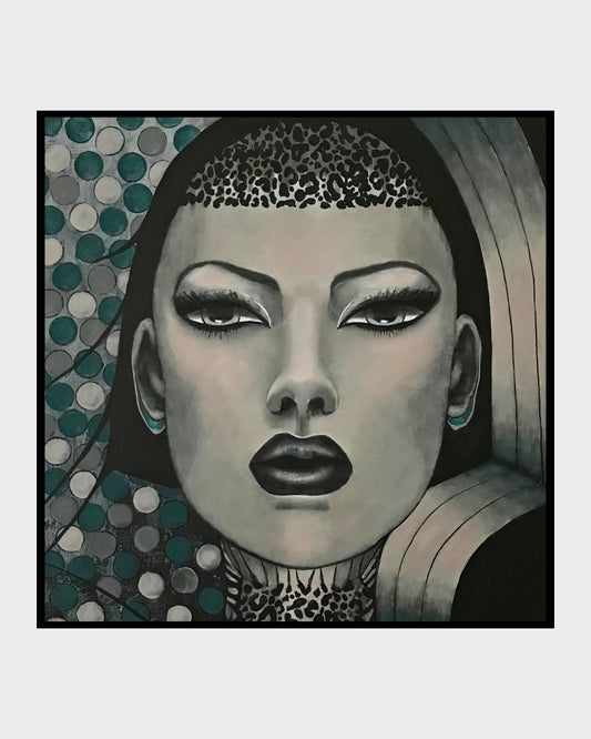 1001 Nacht Nr. 2” ist ein abstraktes Acrylgemälde von Gabriele Springer auf einer 80x80 cm großen Leinwand. Links dominieren kühle, kreisförmige Muster in Blau- und Weißtönen, die an ruhige Blasen oder kostbare Perlen erinnern. Rechts führen geschwungene Linien durch eine geheimnisvolle Passage oder ein Tor, alles vor einem Hintergrund, der von tiefem Schwarz zu sanften Grautönen wechselt.