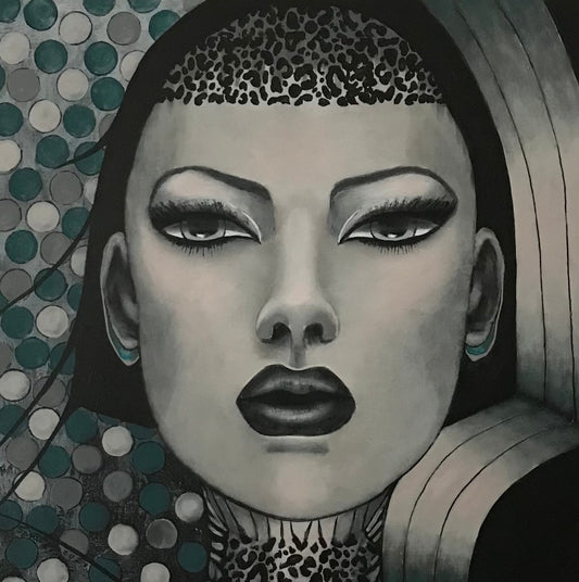 1001 Nacht Nr. 2” ist ein abstraktes Acrylgemälde von Gabriele Springer auf einer 80x80 cm großen Leinwand. Links dominieren kühle, kreisförmige Muster in Blau- und Weißtönen, die an ruhige Blasen oder kostbare Perlen erinnern. Rechts führen geschwungene Linien durch eine geheimnisvolle Passage oder ein Tor, alles vor einem Hintergrund, der von tiefem Schwarz zu sanften Grautönen wechselt.