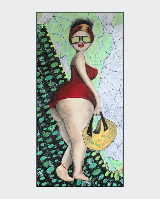 Black and Cool Nr. 13” ist ein Gemälde mit einer zentralen Figur in einem roten Kleid und Sonnenbrille vor einem Hintergrund mit grünen Kreisen und weißen Rissen im Abstrakten Stil gemalt auf Leinwand im Format 100x50 cm