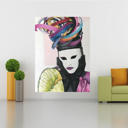 Venezia Nr. 23” von Gabriele Springer ist ein Acrylgemälde auf Leinwand, 80x60 cm groß. Es zeigt eine Person mit Maske von vorne, umgeben von den sanften, pastellartigen Farben und Texturen, die an die romantische Atmosphäre Venedigs erinnern. Die Komposition strahlt Ruhe und Eleganz aus, wobei die Details der Kleidung und der Umgebung sorgfältig ausgearbeitet sind.