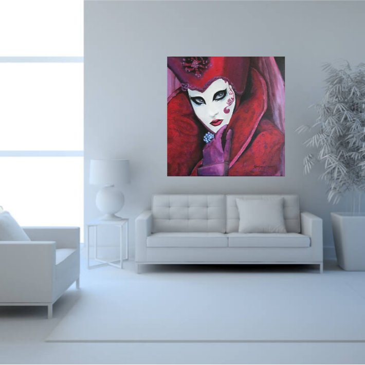 Das Gemälde ‘Venezia Nr. 24’ von Gabriele Springer zeigt eine geheimnisvolle Gestalt mit einer typischen venezianischen Maske. Die Farben sind lebendig und kontrastreich, mit dominierenden Blau- und Goldtönen, die die Eleganz und das Geheimnis Venedigs widerspiegeln. Die Maske verleiht dem Bild eine mystische und faszinierende Atmosphäre.