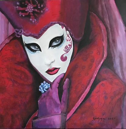 Das Gemälde ‘Venezia Nr. 24’ von Gabriele Springer zeigt eine geheimnisvolle Gestalt mit einer typischen venezianischen Maske. Die Farben sind lebendig und kontrastreich, mit dominierenden Blau- und Goldtönen, die die Eleganz und das Geheimnis Venedigs widerspiegeln. Die Maske verleiht dem Bild eine mystische und faszinierende Atmosphäre.