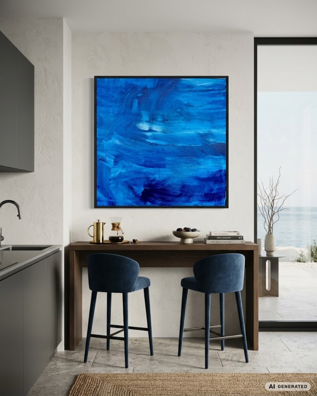 Abstrakte Acrylmalerei „Beyond Blue“ von Gabriele Uher mit leuchtendem Türkis und Blau, schwarzen gestischen Linien, hellen Flächen und roten Akzenten.