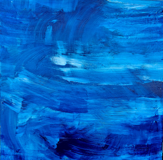 Abstrakte Acrylmalerei „Beyond Blue“ von Gabriele Uher mit leuchtendem Türkis und Blau, schwarzen gestischen Linien, hellen Flächen und roten Akzenten.