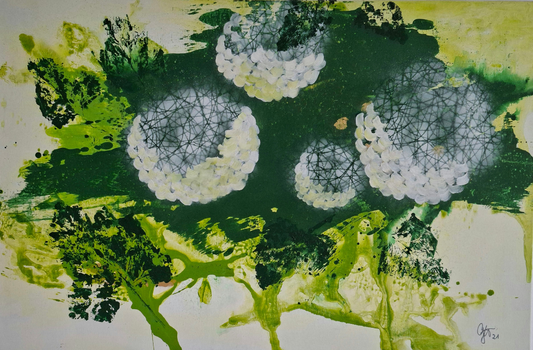 Großformatige Acrylmalerei „Hortensien“ von Gabriele Uher mit weißen und rosafarbenen Blüten, grünen Blattabdrücken und fließenden Farbschichten.