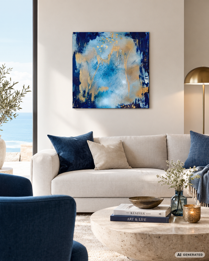 Abstraktes Mixed-Media-Werk „Kosmisches Gold“ von Gabriele Uher mit tiefblauen Flächen, kreisenden Strukturen und leuchtenden Goldakzenten.