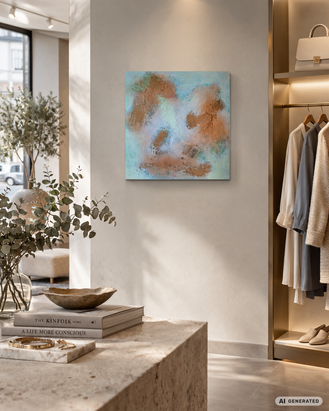 Abstraktes Mixed-Media-Werk „Kupfer Glow“ von Gabriele Uher mit kupferfarbenem Zentrum, schwarzen Linien und strukturierten Flächen in Beige und Weiß.