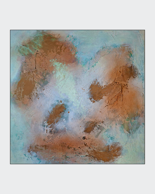 Abstraktes Mixed-Media-Werk „Kupfer Glow“ von Gabriele Uher mit kupferfarbenem Zentrum, schwarzen Linien und strukturierten Flächen in Beige und Weiß.