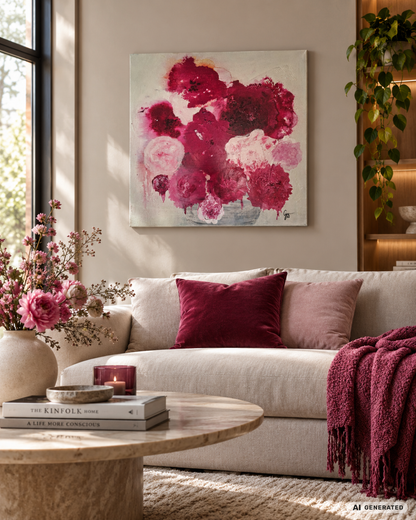 Abstrakt-florale Acrylmalerei „Pfingstrose“ von Gabriele Uher mit üppigen Blütenformen in Rosa, Pink und Weiß sowie grünen und türkisfarbenen Akzenten.