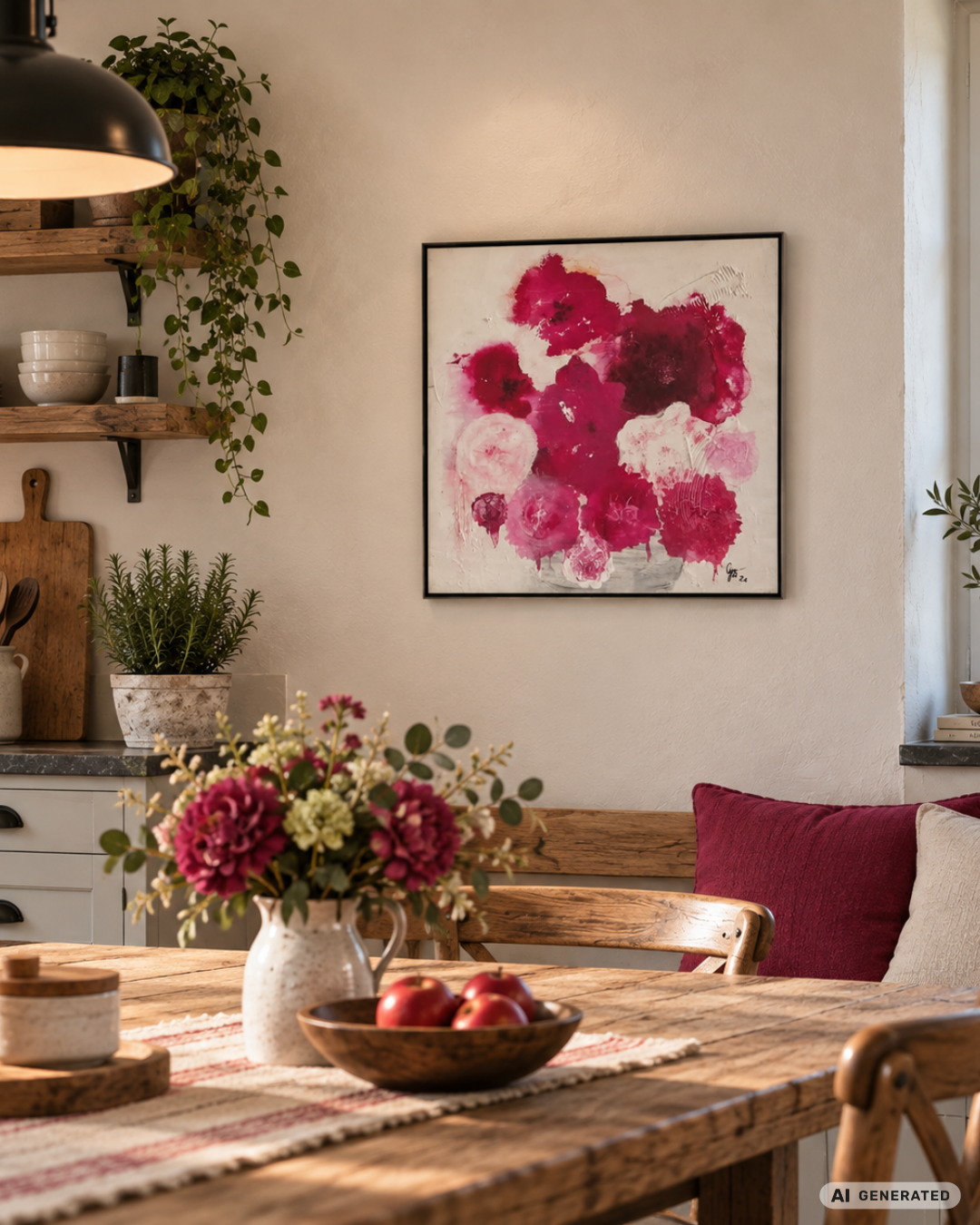 Abstrakt-florale Acrylmalerei „Pfingstrose“ von Gabriele Uher mit üppigen Blütenformen in Rosa, Pink und Weiß sowie grünen und türkisfarbenen Akzenten.