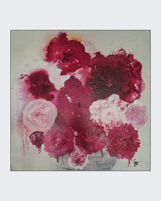 Abstrakt-florale Acrylmalerei „Pfingstrose“ von Gabriele Uher mit üppigen Blütenformen in Rosa, Pink und Weiß sowie grünen und türkisfarbenen Akzenten.