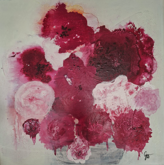 Abstrakt-florale Acrylmalerei „Pfingstrose“ von Gabriele Uher mit üppigen Blütenformen in Rosa, Pink und Weiß sowie grünen und türkisfarbenen Akzenten.