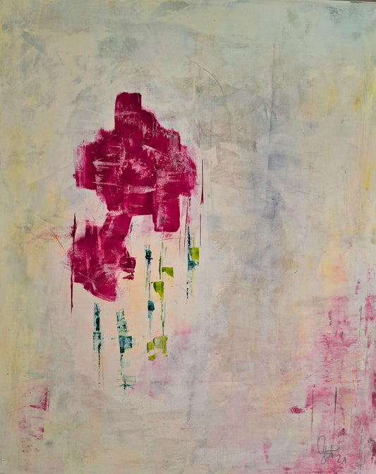 Expressiv-abstrakte Acrylmalerei „Primavera“ von Gabriele Uher mit floralen Formen und gestischen Farbspuren in Pink, Rosa, Grün, Gelb und Hellblau.