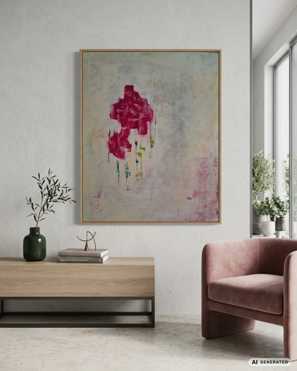 Expressiv-abstrakte Acrylmalerei „Primavera“ von Gabriele Uher mit floralen Formen und gestischen Farbspuren in Pink, Rosa, Grün, Gelb und Hellblau.