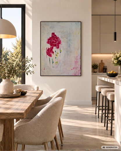 Expressiv-abstrakte Acrylmalerei „Primavera“ von Gabriele Uher mit floralen Formen und gestischen Farbspuren in Pink, Rosa, Grün, Gelb und Hellblau.