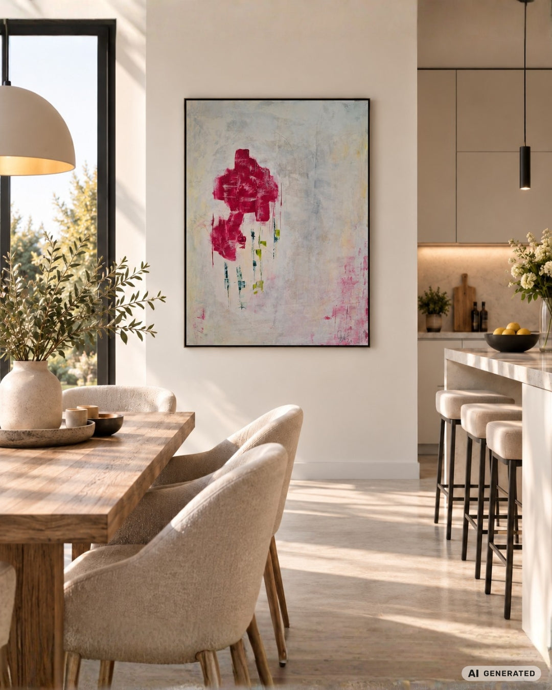 Expressiv-abstrakte Acrylmalerei „Primavera“ von Gabriele Uher mit floralen Formen und gestischen Farbspuren in Pink, Rosa, Grün, Gelb und Hellblau.