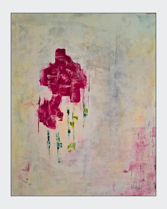 Expressiv-abstrakte Acrylmalerei „Primavera“ von Gabriele Uher mit floralen Formen und gestischen Farbspuren in Pink, Rosa, Grün, Gelb und Hellblau.