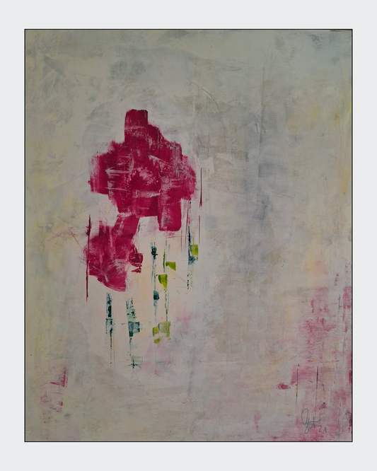 Expressiv-abstrakte Acrylmalerei „Primavera“ von Gabriele Uher mit floralen Formen und gestischen Farbspuren in Pink, Rosa, Grün, Gelb und Hellblau.