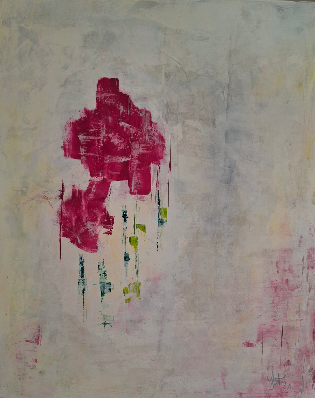 Expressiv-abstrakte Acrylmalerei „Primavera“ von Gabriele Uher mit floralen Formen und gestischen Farbspuren in Pink, Rosa, Grün, Gelb und Hellblau.