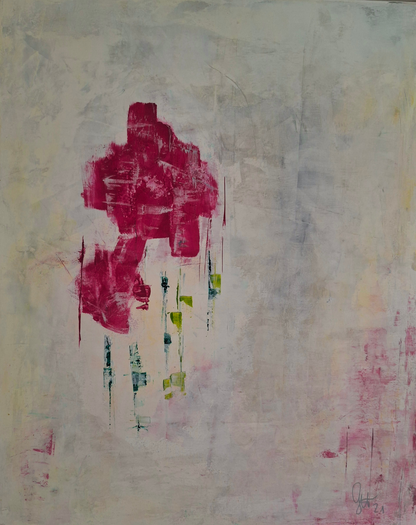 Expressiv-abstrakte Acrylmalerei „Primavera“ von Gabriele Uher mit floralen Formen und gestischen Farbspuren in Pink, Rosa, Grün, Gelb und Hellblau.