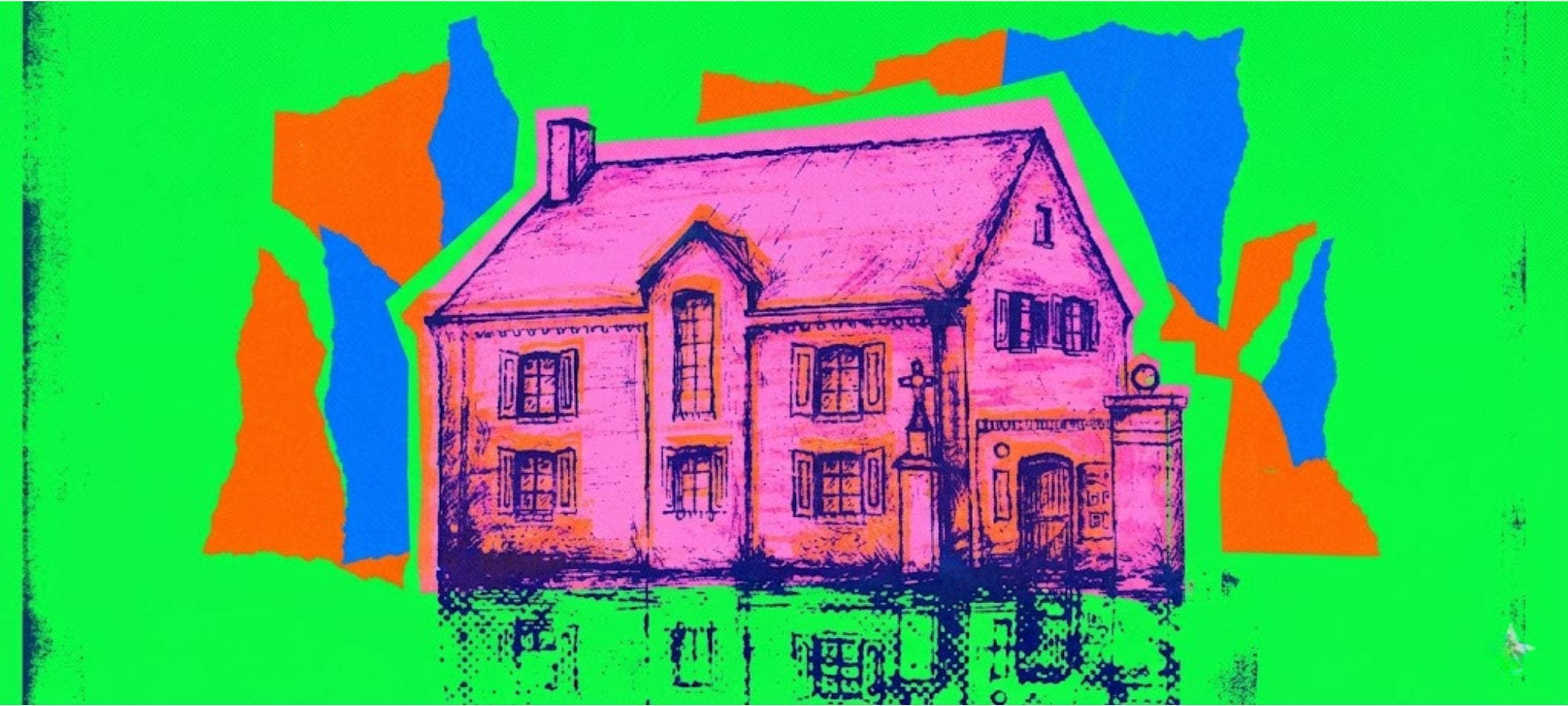 Eine kontrastreiche, pop-art-artige Illustration des Gutshauses am Rhein in Düsseldorf. Das Gebäude ist in einer detaillierten, violett-rosafarbenen Strichzeichnung dargestellt und hebt sich von einem leuchtend grünen Hintergrund mit abstrakten, blauen und orangen Farbelementen ab. Der Stil erinnert an einen farbgewaltigen Siebdruck mit grober Textur und angedeuteten Spiegelungen am unteren Rand.