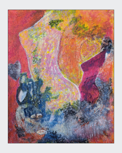 Großformatiges Gemälde „Dancing Queens“ von Hanne Hermes (120 x 90 cm). Eine abstrakte, figurative Komposition in leuchtendem Pink, Orange und Gelb. Die grobe Struktur durch Quarzsand verleiht den tanzenden Silhouetten und dem emotionalen Hintergrund eine besondere Tiefe.