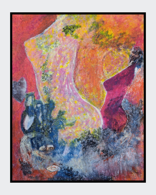 Großformatiges Gemälde „Dancing Queens“ von Hanne Hermes (120 x 90 cm). Eine abstrakte, figurative Komposition in leuchtendem Pink, Orange und Gelb. Die grobe Struktur durch Quarzsand verleiht den tanzenden Silhouetten und dem emotionalen Hintergrund eine besondere Tiefe.