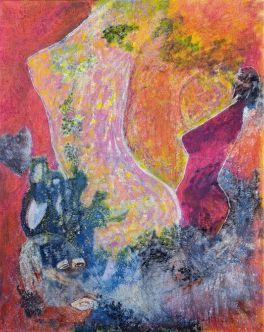Großformatiges Gemälde „Dancing Queens“ von Hanne Hermes (120 x 90 cm). Eine abstrakte, figurative Komposition in leuchtendem Pink, Orange und Gelb. Die grobe Struktur durch Quarzsand verleiht den tanzenden Silhouetten und dem emotionalen Hintergrund eine besondere Tiefe.