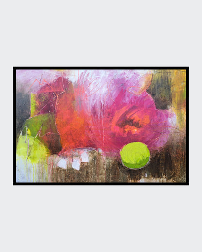 Abstraktes Acrylgemälde „Das Haus auf dem Fels“ von Hanne Hermes im Querformat. Ein einsames Haus auf einer Felsformation trotzt einem herannahenden Sturm, dargestellt durch dynamische Pinselstriche in Blau, Grau und erdigen Tönen.