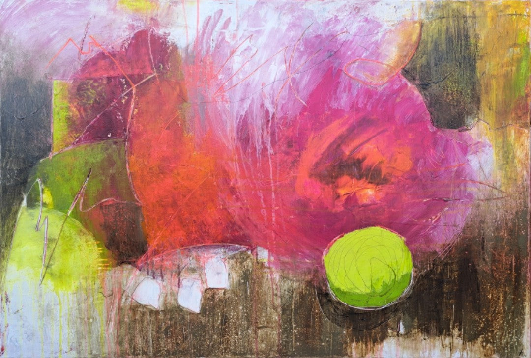 Abstraktes Acrylgemälde „Das Haus auf dem Fels“ von Hanne Hermes im Querformat. Ein einsames Haus auf einer Felsformation trotzt einem herannahenden Sturm, dargestellt durch dynamische Pinselstriche in Blau, Grau und erdigen Tönen.