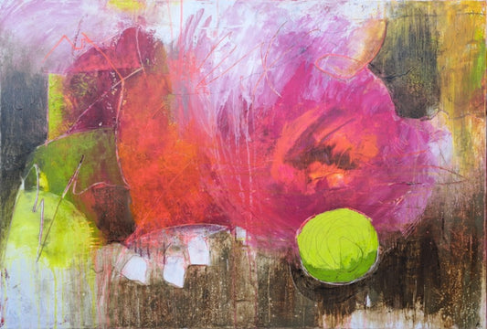 Abstraktes Acrylgemälde „Das Haus auf dem Fels“ von Hanne Hermes im Querformat. Ein einsames Haus auf einer Felsformation trotzt einem herannahenden Sturm, dargestellt durch dynamische Pinselstriche in Blau, Grau und erdigen Tönen.