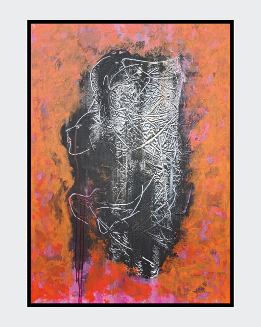 Abstraktes Gemälde „Decision“ von Hanne Hermes auf Leinwand in Orange- und Schwarztönen. Eine zentrale dunkle Silhouette mit weißer Linienführung und Strukturpaste kontrastiert mit einem leuchtend orange-pinken Hintergrund. Rote Farbrinnen symbolisieren die Thematik des Orange Day gegen Gewalt an Frauen.