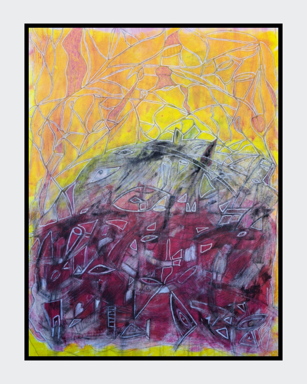 Abstraktes großformatiges Gemälde „Der kraftvolle Strom in eine dunkle Welt“ von Hanne Hermes. Eine dynamische, vertikale Komposition aus tiefblauem und schwarzem Farbstrom, kontrastiert von leuchtendem Gelb und hellem Türkis auf Leinwand.