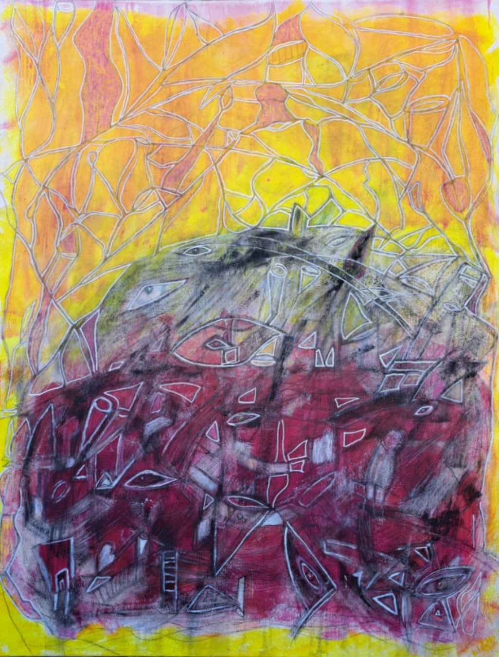 Abstraktes großformatiges Gemälde „Der kraftvolle Strom in eine dunkle Welt“ von Hanne Hermes. Eine dynamische, vertikale Komposition aus tiefblauem und schwarzem Farbstrom, kontrastiert von leuchtendem Gelb und hellem Türkis auf Leinwand.