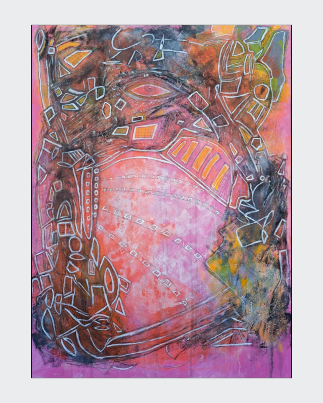 Abstraktes Hochformat-Gemälde „Die Magie einer neuen Vision“ von Hanne Hermes. Eine strahlende Komposition in Pink, Magenta und Orange mit einem zentralen hellen Lichtkreis, einem symbolischen Auge und einem Gesichtsprofil, durchzogen von filigranen weißen Linien und geometrischen Mustern.