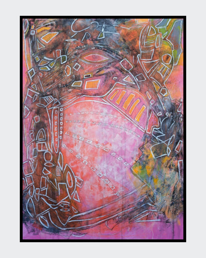 Abstraktes Hochformat-Gemälde „Die Magie einer neuen Vision“ von Hanne Hermes. Eine strahlende Komposition in Pink, Magenta und Orange mit einem zentralen hellen Lichtkreis, einem symbolischen Auge und einem Gesichtsprofil, durchzogen von filigranen weißen Linien und geometrischen Mustern.