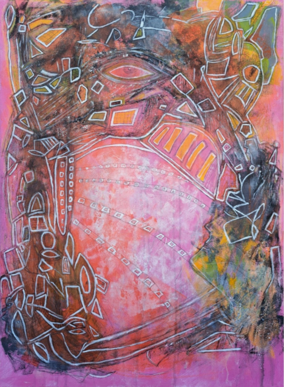 Abstraktes Hochformat-Gemälde „Die Magie einer neuen Vision“ von Hanne Hermes. Eine strahlende Komposition in Pink, Magenta und Orange mit einem zentralen hellen Lichtkreis, einem symbolischen Auge und einem Gesichtsprofil, durchzogen von filigranen weißen Linien und geometrischen Mustern.