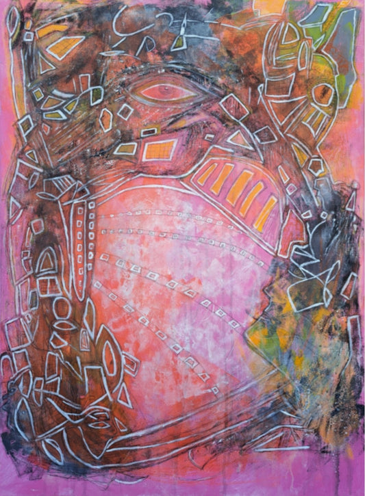 Abstraktes Hochformat-Gemälde „Die Magie einer neuen Vision“ von Hanne Hermes. Eine strahlende Komposition in Pink, Magenta und Orange mit einem zentralen hellen Lichtkreis, einem symbolischen Auge und einem Gesichtsprofil, durchzogen von filigranen weißen Linien und geometrischen Mustern.